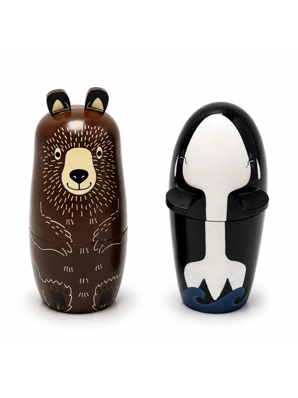 Vintage Hand Painted Wooden Animal Nesting Dolls Bear & Orca Nesting Figurines